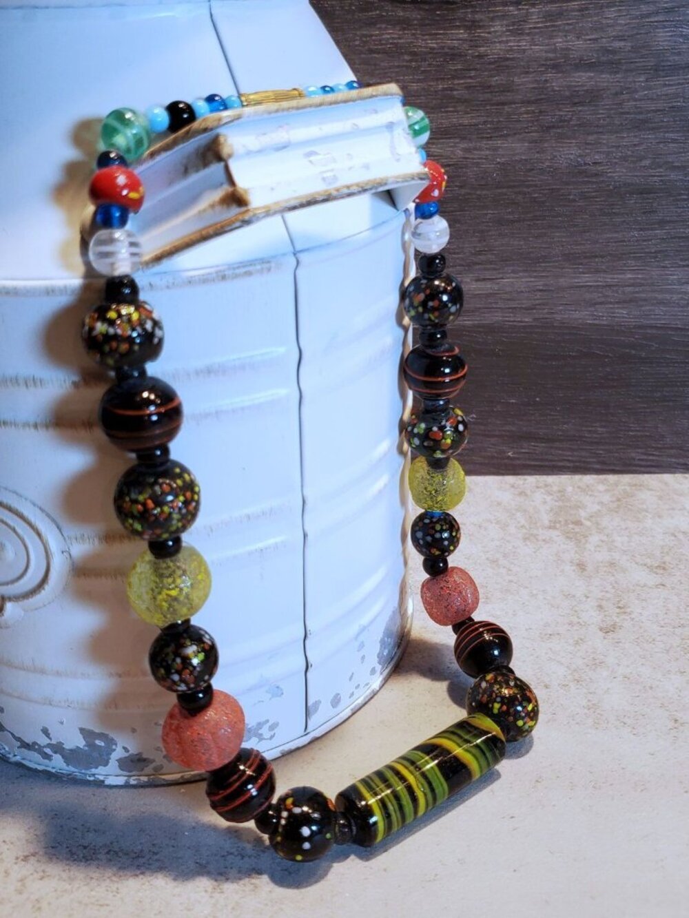 India Artisan Vintage 90s Glass Beads Black Multi Necklace OOAK Style R